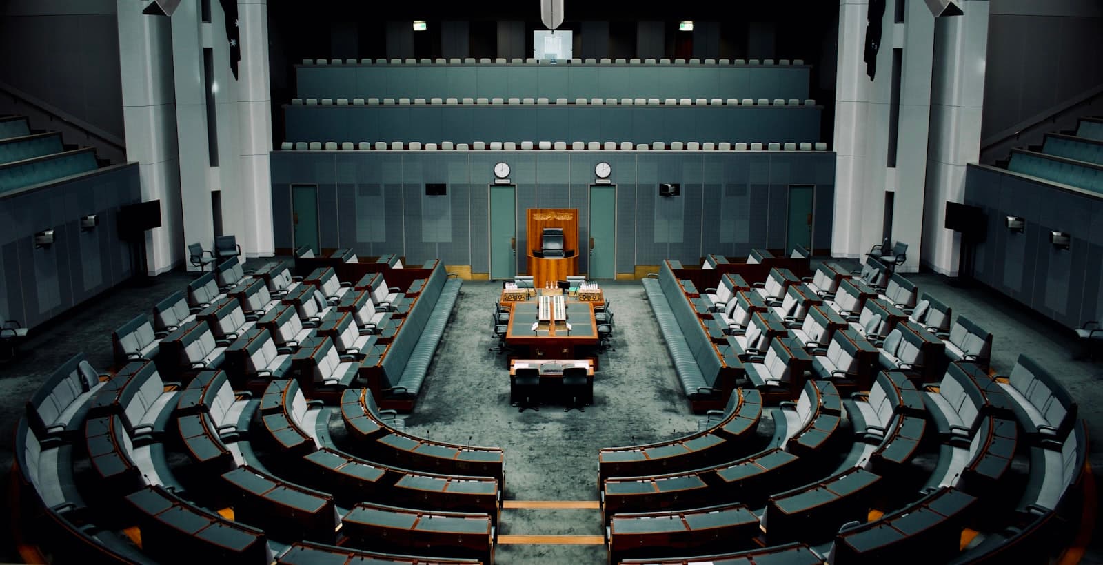 The empty debating chamber of a parliament building.