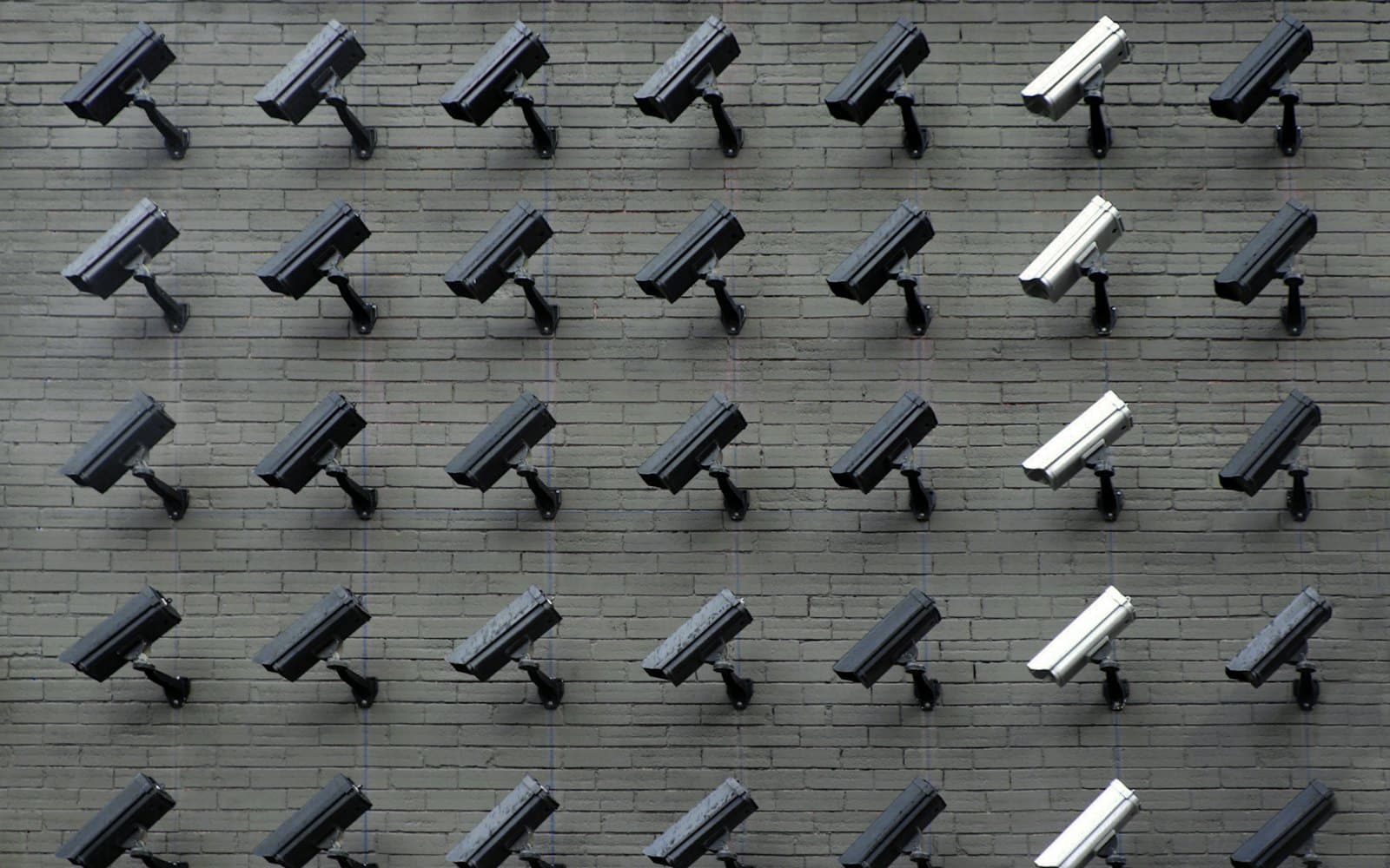 A security operations wall of monitoring screens and cameras.